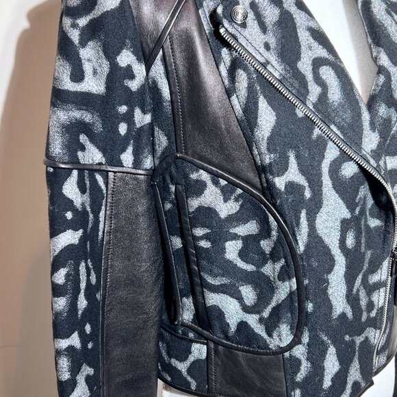 DIANE VON FURSTENBERG "THEODORA" WOOL LEATHER Grey Black MOTO JACKET Sz Med 10 - Picture 9 of 12